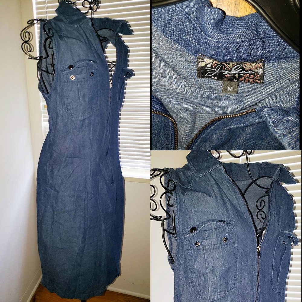 SOLD Anthropology Knee Length Zipper Up Denim Jumper Dress, Pockets M